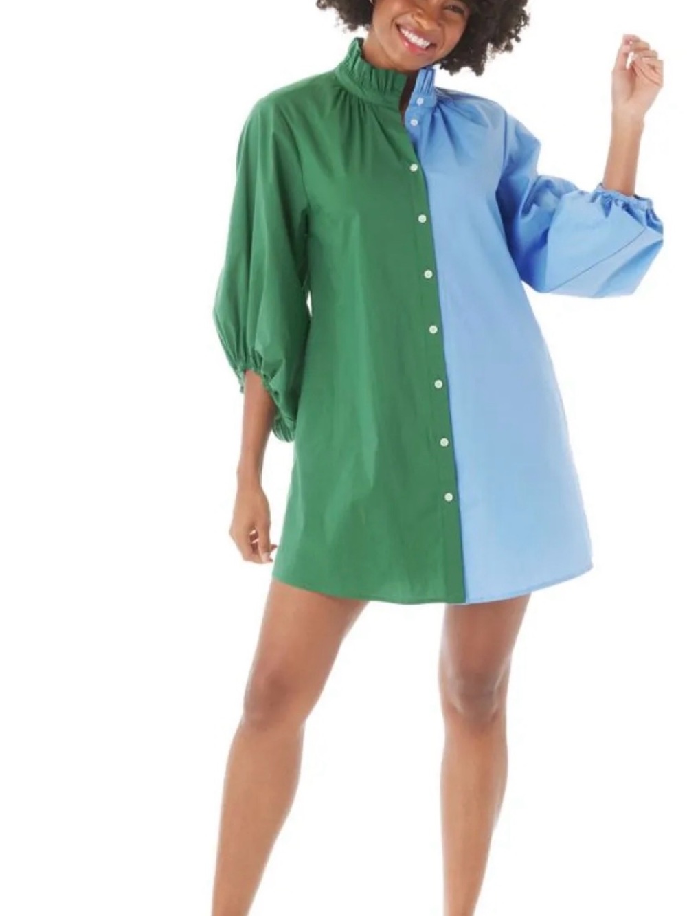 11. CROSBY by Mollie Burch Green and Light Blue Colorblock Shirt Dress